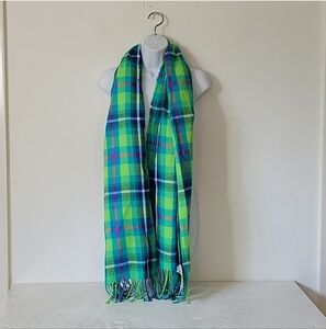 hollister california green, blue, pink & white tartan plaid knit fringe Scarf